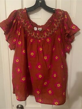 Ivy Jane Brown Floral Smocked-Neck Peasant Top